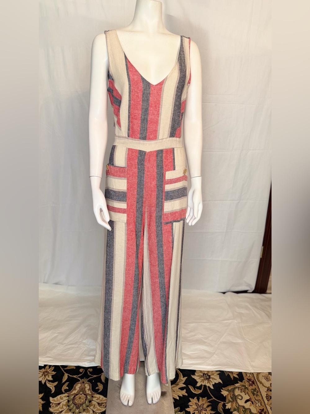 Indigo Rein Red, Cream & Gray Striped Wide-Leg Jumpsuit